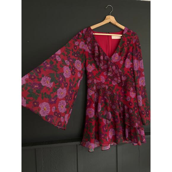 Keepsake The Label Waves Flare Sleeve Ruffle Dress Pomegranate Floral Size Small - Picture 6 of 14